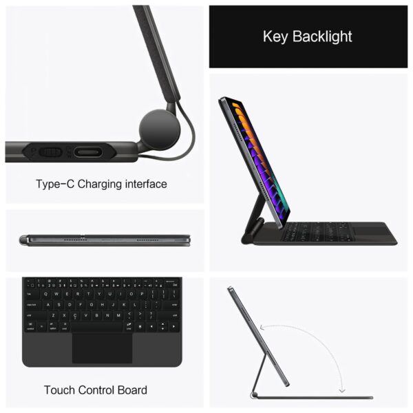 ProElite Magnetic Bluetooth TouchPad Keyboard case for Xiaomi Mi Pad 7/7 Pro 11.2 inch Tablet, Floating Cantilever Design with Built-in Colourful Backlit TouchPad Keyboard, Black - Image 4