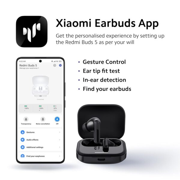 Redmi Buds 5 Truly Wireless Bluetooth in Ear Ear Buds (TWS) with Upto 46Db Hybrid Noise Cancellation,Dual-Mic Ai Call Enhancement,10Mins for 4Hours Fast Charging with Upto 38Hrs Playback|Fusion Black - Image 4