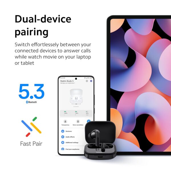 Redmi Buds 5 Truly Wireless Bluetooth in Ear Ear Buds (TWS) with Upto 46Db Hybrid Noise Cancellation,Dual-Mic Ai Call Enhancement,10Mins for 4Hours Fast Charging with Upto 38Hrs Playback|Fusion Black - Image 3