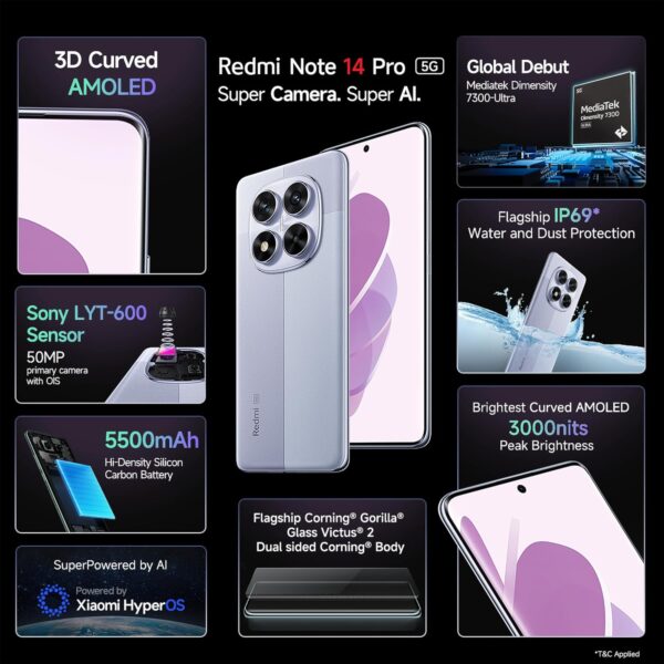 Redmi Note 14 Pro 5G Phantom Purple 8GB RAM 128GB Storage|50 MP Sony Camera Setup | Corning Gorilla Glass Victus 2 | 1.5K 3D Curved AMOLED | Mediatek Dimensity 7300- Ultra - Image 11